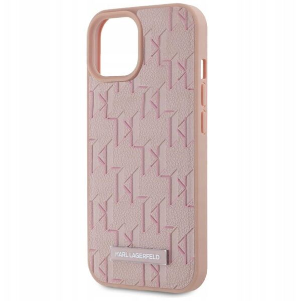 Case Karl Lagerfeld Leather Monogram Metal Logo MagSafe for iPhone 15 pink
