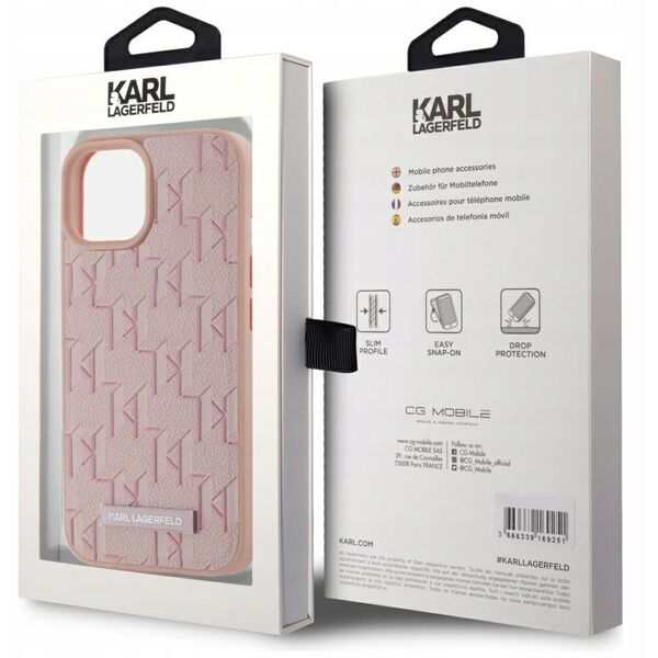 Case Karl Lagerfeld Leather Monogram Metal Logo MagSafe for iPhone 15 pink
