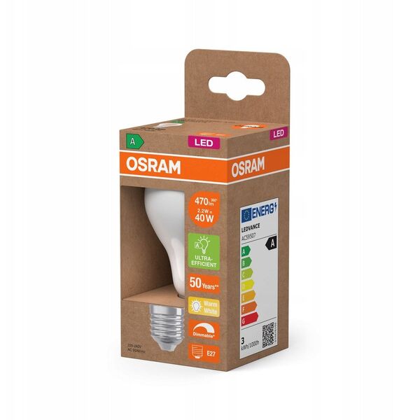 OSRAM LED standard mat 470lm 2,2W/827 (40W) E27 energiklasse A dæmpbar