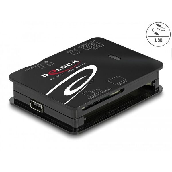 DeLOCK USB 2.0 Card Reader for CF / SD / Micro SD / MS / xD / M2 memory cards, CF, MMC, MS Duo, MS Micro (M2), MicroSD (TransFlash), SD, xD, Black, 480 Mbit/s, USB 2.0, 43.5 mm, 56.6 mm