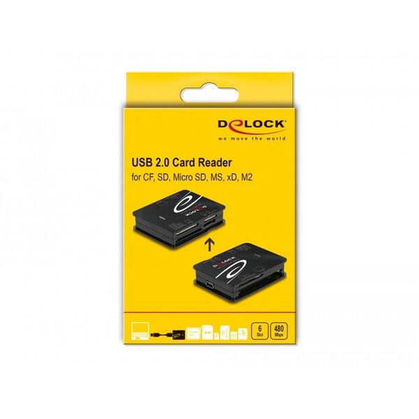 DeLOCK USB 2.0 Card Reader for CF / SD / Micro SD / MS / xD / M2 memory cards, CF, MMC, MS Duo, MS Micro (M2), MicroSD (TransFlash), SD, xD, Black, 480 Mbit/s, USB 2.0, 43.5 mm, 56.6 mm