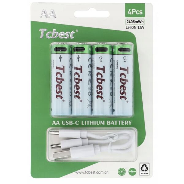 TCBEST bateria akumulatorowa R6 (AA) 750 mAh z gniazdem Typ C + kabel USB A do 4 x Typ C 4 szt
