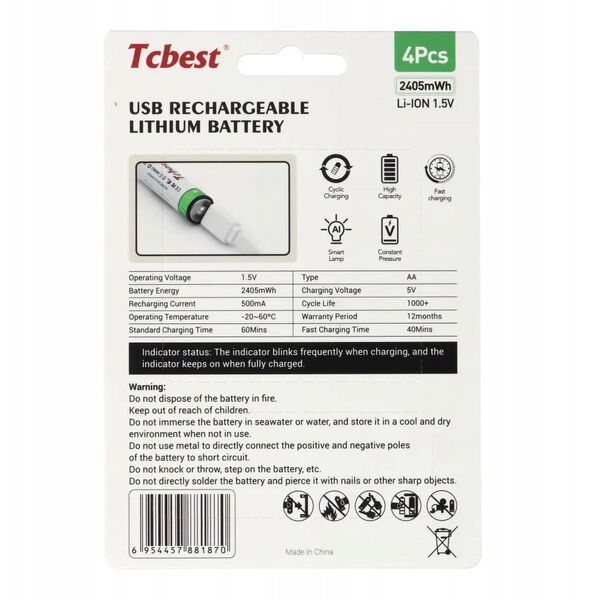 TCBEST bateria akumulatorowa R6 (AA) 650 mAh z gniazdem Typ C + kabel USB A do 4 x Typ C 4 szt