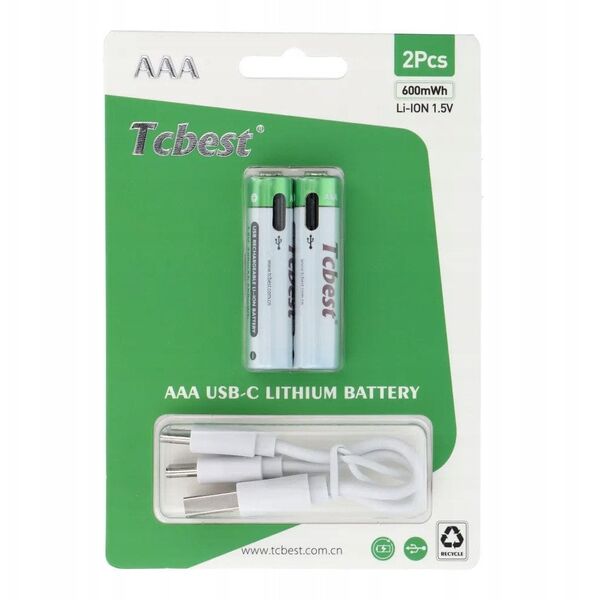 TCBEST bateria akumulatorowa R3 (AAA) 180 mAh z gniazdem Typ C + kabel USB A do 2 x Typ C 2 szt