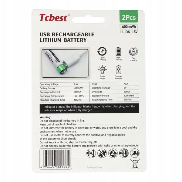 TCBEST bateria akumulatorowa R3 (AAA) 180 mAh z gniazdem Typ C + kabel USB A do 2 x Typ C 2 szt