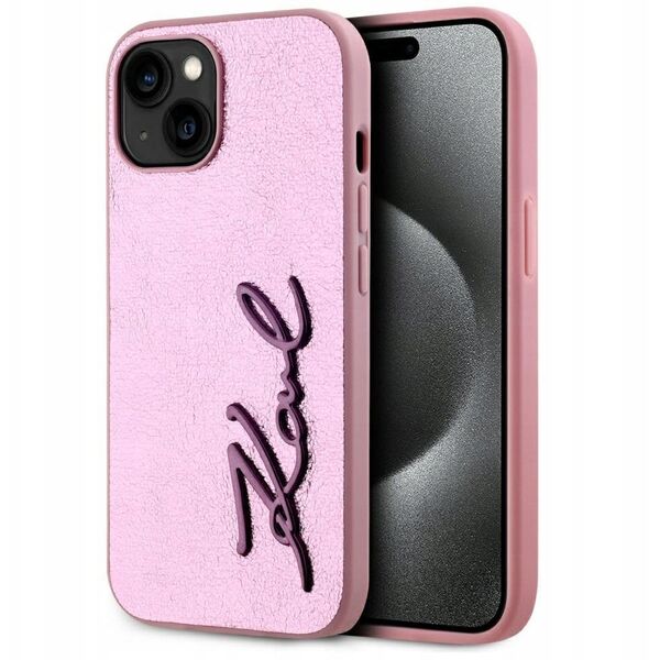 Etui Karl Lagerfeld Wrinkled Metal       Signature do iPhone 15 różowy