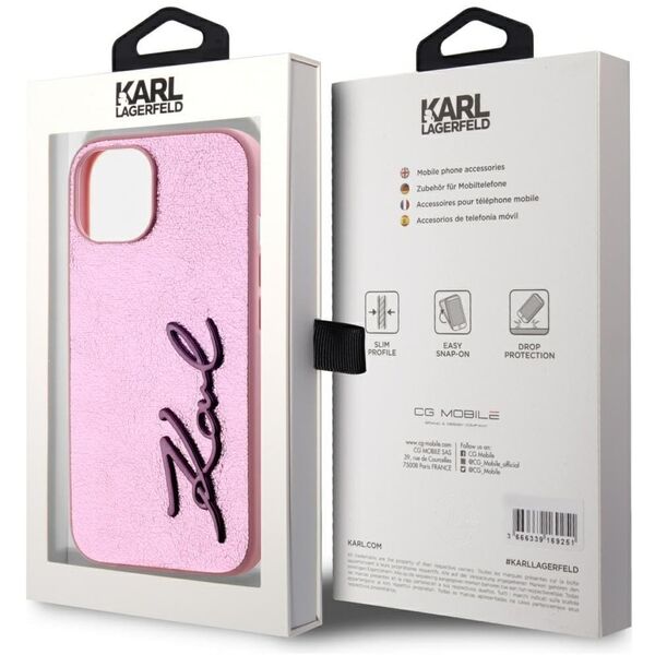 Etui Karl Lagerfeld Wrinkled Metal       Signature do iPhone 15 różowy