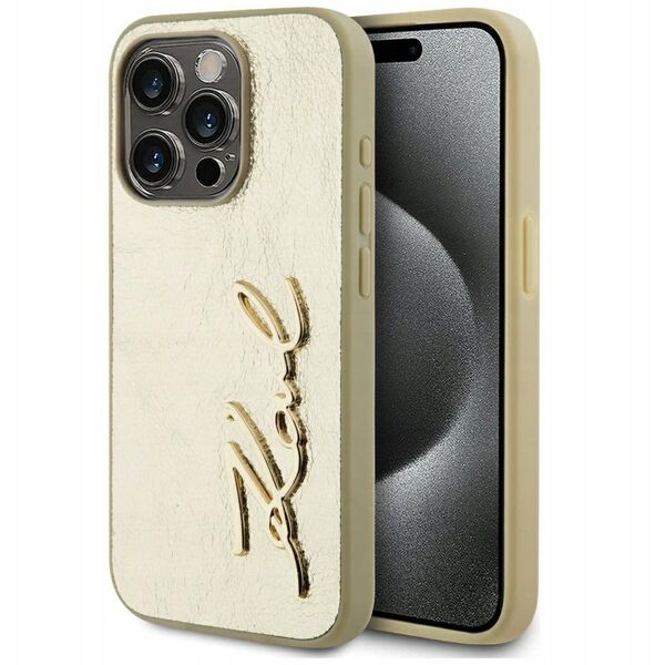 Etui Karl Lagerfeld Wrinkled Metal       Signature do iPhone 15 Pro Max złoty