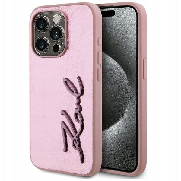 Etui Karl Lagerfeld Wrinkled Metal       Signature do iPhone 15 Pro Max różowy