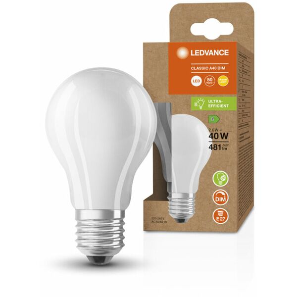LEDVANCE LED standard mat 481lm 2,6W/827 (40W) E27 energiklasse B dæmpbar