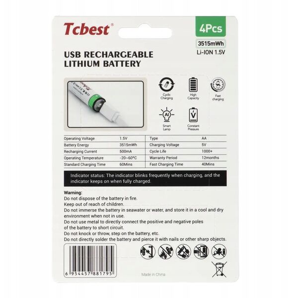 TCBEST bateria akumulatorowa R6 (AA) 950 mAh z gniazdem Typ C + kabel USB A do 4 x Typ C 4 szt