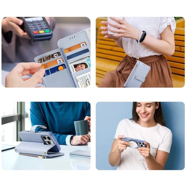 Etui skórzane do iPhone 16 Pro Max Dux Ducis Lawa z portfelem MagSafe Błękitne