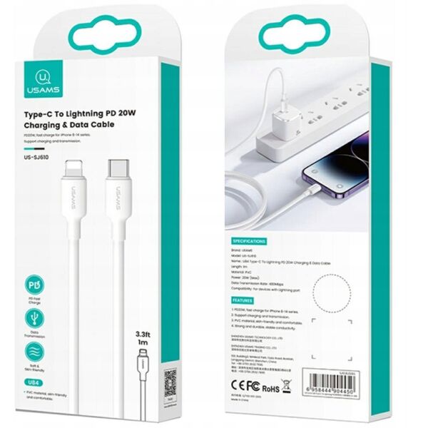 Kabel USAMS US-SJ610 U84 PD 20W USB-C do Lightning 1m biały