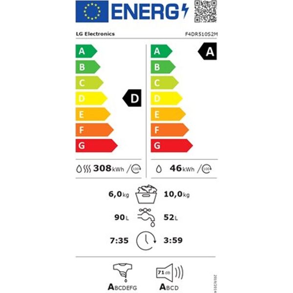 Pralko-suszarka LG LG | Washing machine with dryer | F4DR510S2M | Energy efficiency class A | Front loading | Washing capacity 10 kg | 1400 RPM | Depth 56.5 cm | Width 60 cm | Display | LED | Drying system | Drying capacity 6 kg | Steam function | Direct