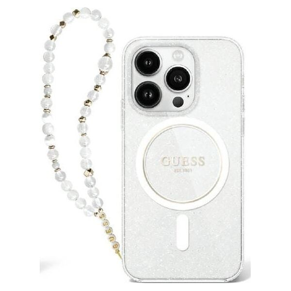 Guess Guess GUHMP16LHGCRELST iPhone 16 Pro 6.3" przeźroczysty/transparent hardcase IML Glitter With Pearl Strap MagSafe