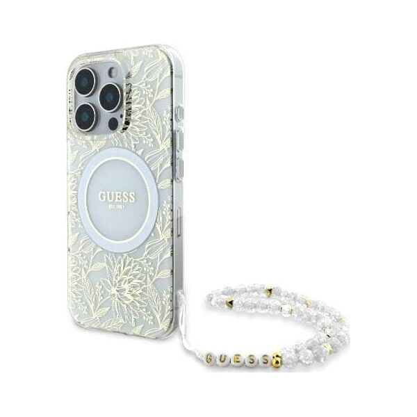 Guess Guess GUHMP16LHCPOFPH iPhone 16 Pro 6.3" biały/white hardcase IML Flowers Allover Electro With Pearl Strap MagSafe