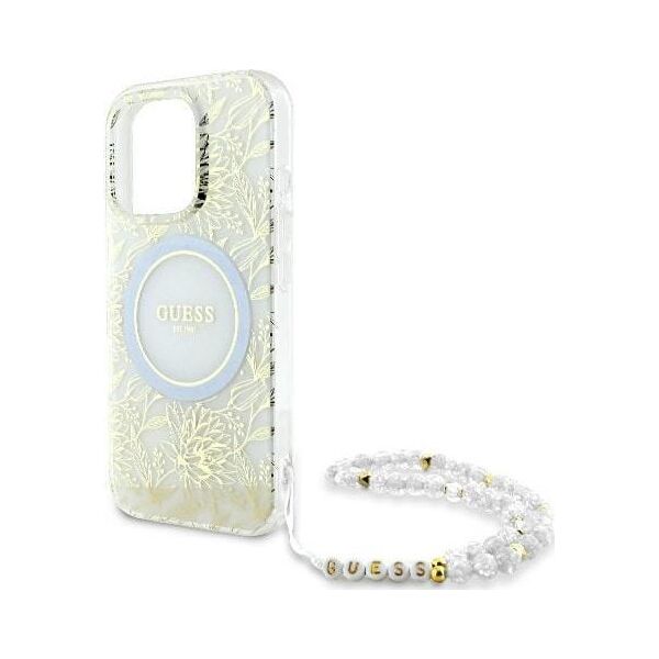 Guess Guess GUHMP16LHCPOFPH iPhone 16 Pro 6.3" biały/white hardcase IML Flowers Allover Electro With Pearl Strap MagSafe