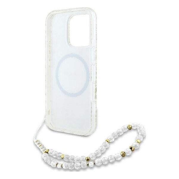 Guess Guess GUHMP16LHCPOFPH iPhone 16 Pro 6.3" biały/white hardcase IML Flowers Allover Electro With Pearl Strap MagSafe