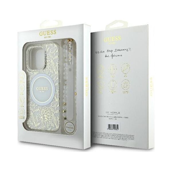Guess Guess GUHMP16LHCPOFPH iPhone 16 Pro 6.3" biały/white hardcase IML Flowers Allover Electro With Pearl Strap MagSafe