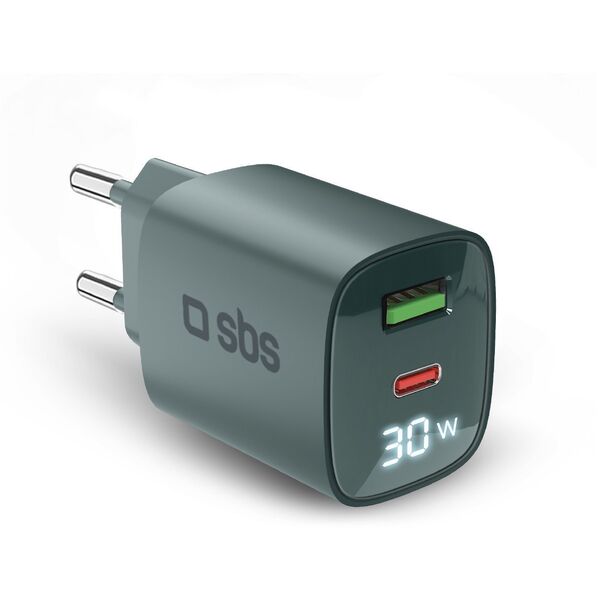 Φορτιστής Τοίχου SBS LCD USB-A USB-C LCD 30 W γαλάζιο - Ladetajs