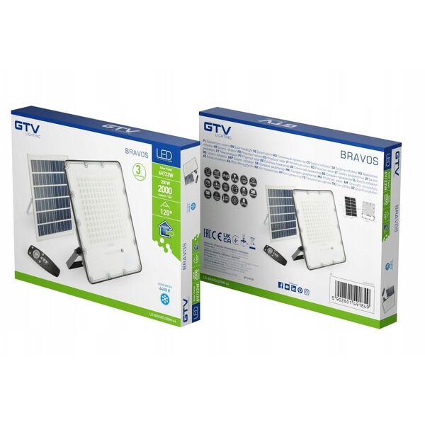 LED προβολέας GTV BRAVOS με ηλιακή ενέργεια, IP65, 200W, 6400K, 2000lm, 120 μοίρες, με τηλεχειριστήριο