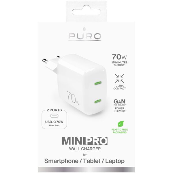 Φορτιστής Puro τοίχου 2xUSB-C 70W Λευκό