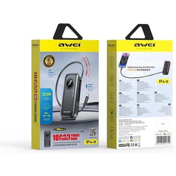 AWEI PowerBank PA-9 10000mAh 22.5W με αποσπώμενο καλώδιο μαύρο/black