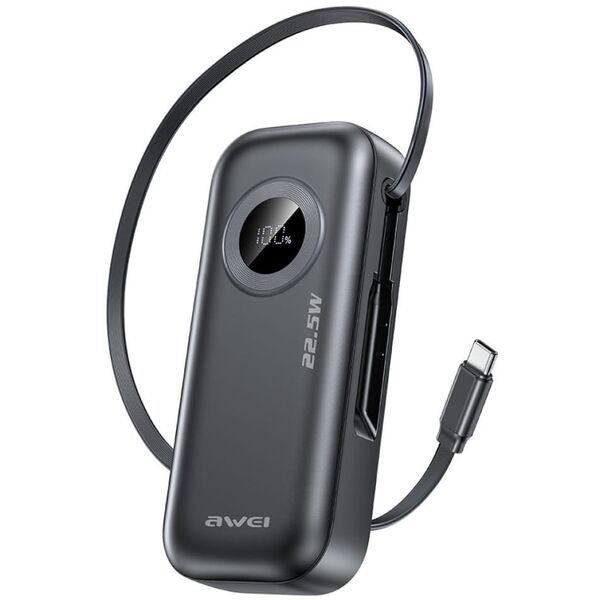AWEI PowerBank PA-9 10000mAh 22.5W με αποσπώμενο καλώδιο μαύρο/black