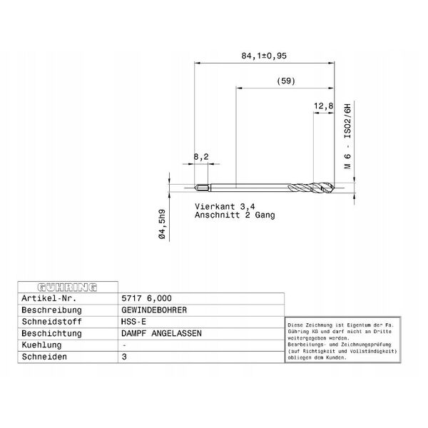 Βρύση μηχανής για τυφλές οπές GUHRING HSS-E 5717 M6x1