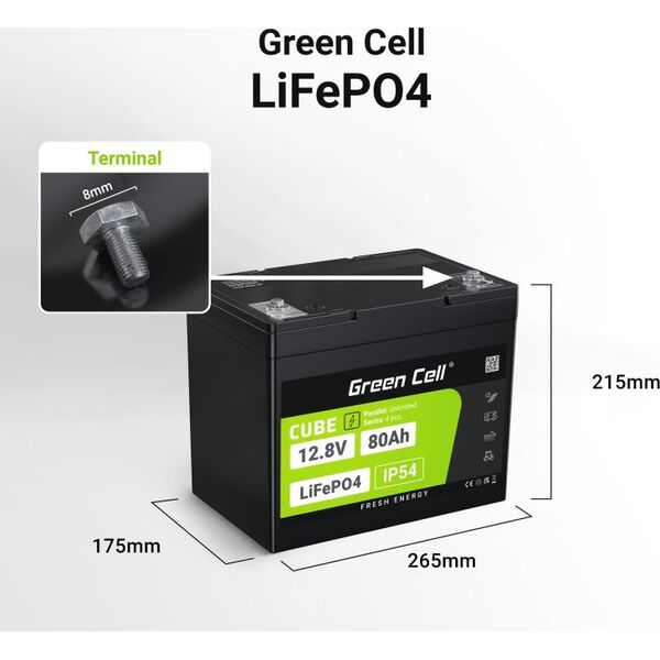 Green Cell Green Cell CUBE Akumulator LiFePO4 80Ah 12.8V 1024Wh Litowo-Żelazowo-Fosforanowy do Kampera, Urządzeń czyszczących, Kemping