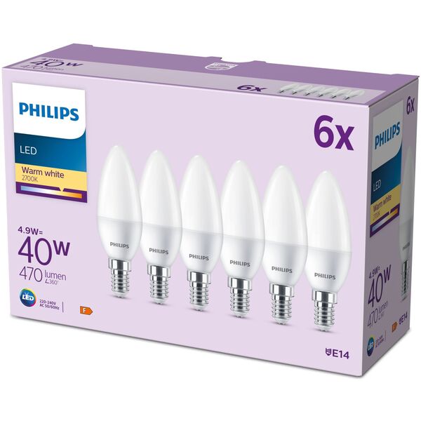Philips LED classic Lampe 40W E14 Kerze Warmw 470lm matt 6er P