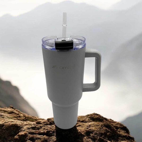 Kamille STALOWY KUBEK TERMICZNY TERMOS 1200ml Z RĄCZKĄ I SŁOMKĄ KM-2173