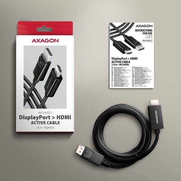 AXAGON RVD-HI20C2, DisplayPort -> HDMI 2.0b konwerter / kabel 1.8m, 4K/60Hz
