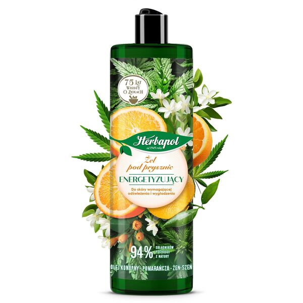 HERBAPOL Żel pod prysznic energetyzujący Olej konopny, Pomarańcza, Żeń-szeń 400 ml