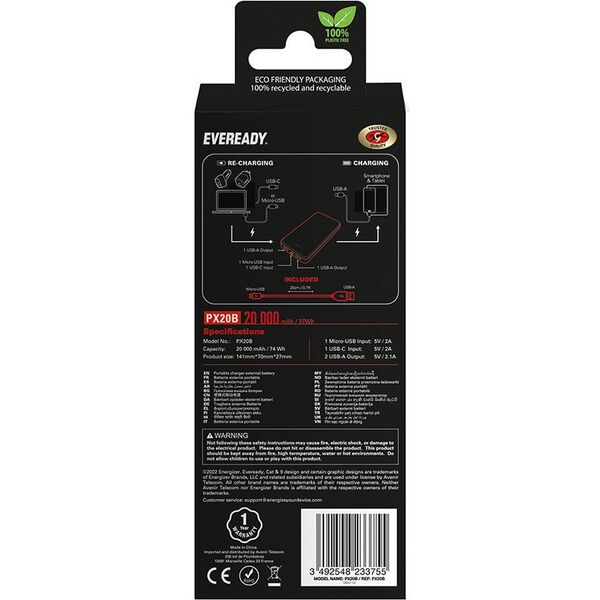 Eveready PX20B - Powerbank 20000 mAh 2x USB-A (Czarny)