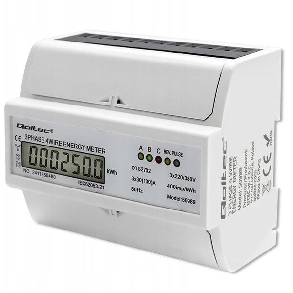Qoltec 3-Fazowy dwukierunkowy elektroniczny licznik | miernik zużycia energii na szynę DIN | 400V | 100A | LCD | 4P
