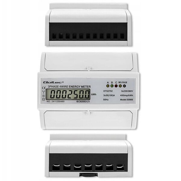 Qoltec 3-Fazowy dwukierunkowy elektroniczny licznik | miernik zużycia energii na szynę DIN | 400V | 100A | LCD | 4P
