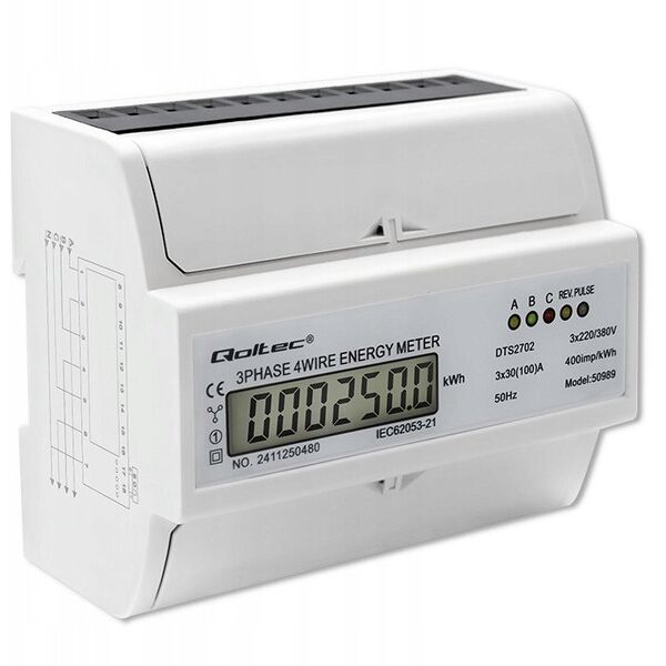 Qoltec 3-Fazowy dwukierunkowy elektroniczny licznik | miernik zużycia energii na szynę DIN | 400V | 100A | LCD | 4P