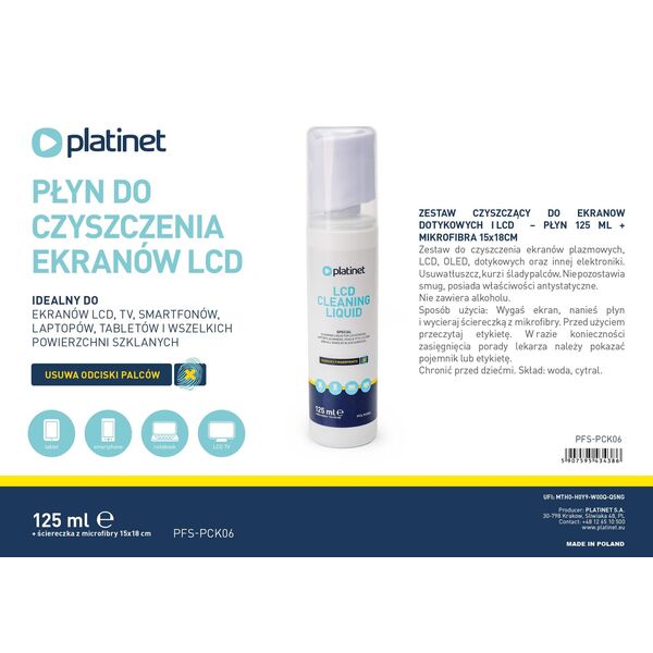 ΥΓΡΟ ΚΑΘΑΡΙΣΜΟΥ LCD PLATINET + ΜΙΚΡΟΪΝΕΣ PŁYN DO LCD 125ML + MIKROFIBRA 15x15CM PFS-PCK06 [46121]
