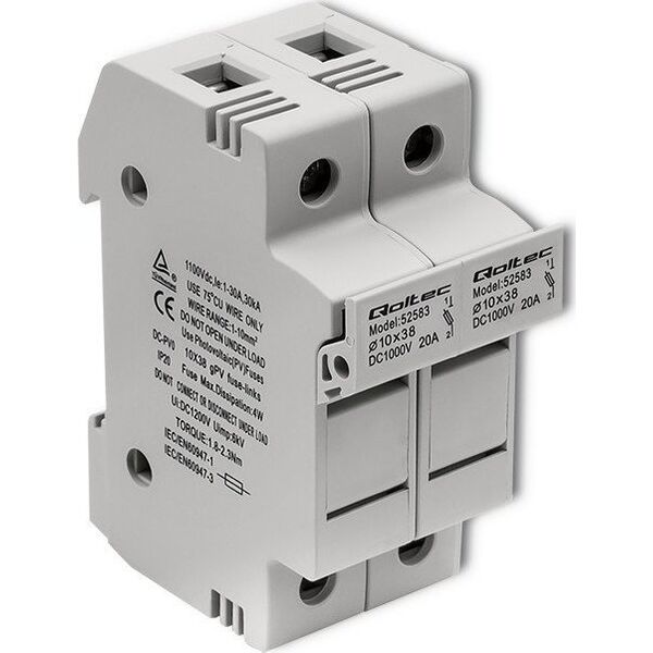 Qoltec Podstawa bezpiecznikowa + bezpiecznik DC | 2P | 1000V | 20A | 10x38 | solar