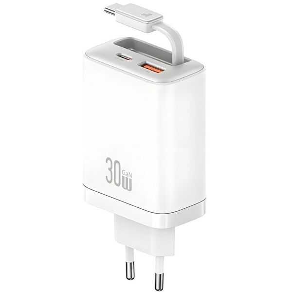 Φορτιστής τοίχου USAMS Xiang Series CC296 30W 1xUSB-C 1xUSB-A + καλώδιο USB-C λευκό