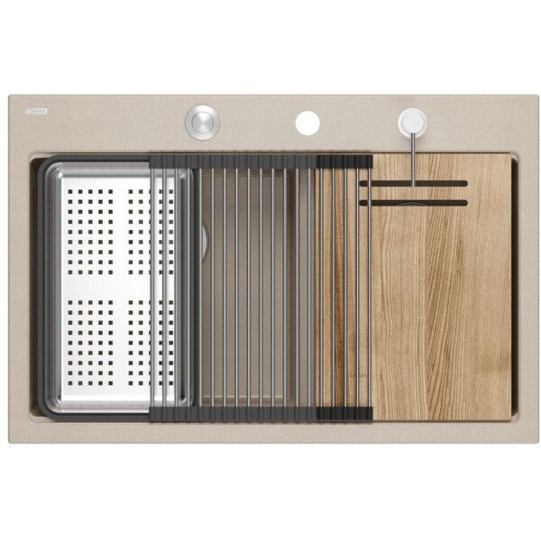 MARC 120 WORKSTATION GraniteQ νεροχύτης 2-θέσεων 760*500*235 mm pearl beige + σιφόνι push to open + διανομέας ανοξείδωτος + ένθετο αποστράγγισης + Qmata + σανίδα/ ανοξείδωτα στοιχεία