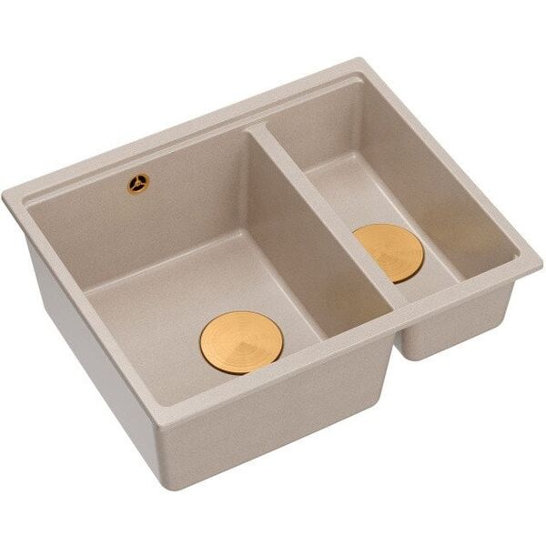 LOGAN 150 GraniteQ νεροχύτης PEARL BEIGE 56x46x22 cm 1,5-θέσεων χωρίς οπή υποκαθήμενος + χειροκίνητο σιφόνι χαλκού εξοικονόμησης χώρου