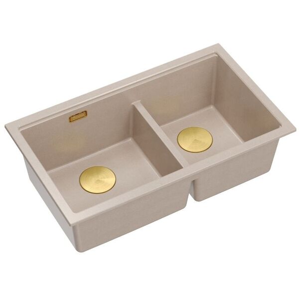 GraniteQ | LOGAN 120 | γρανιτένιος νεροχύτης κουζίνας PEARL BEIGE + ΧΡΥΣΟ PVD | διάσταση: 76 x 45 x 23,5 cm | 2-θέσιος υποκαθήμενος | υποδομή ντουλαπιού από: 80 cm