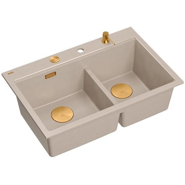 MARC 120 WORKSTATION GraniteQ νεροχύτης 2-θέσεων 760*500*235 mm pearl beige + σιφόνι push to open + δοσομετρητής + σανίδα + ένθετο / χάλκινα στοιχεία