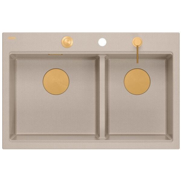 MARC 120 WORKSTATION GraniteQ νεροχύτης 2-θέσεων 760*500*235 mm pearl beige + σιφόνι push to open + δοσομετρητής + σανίδα + ένθετο / χάλκινα στοιχεία