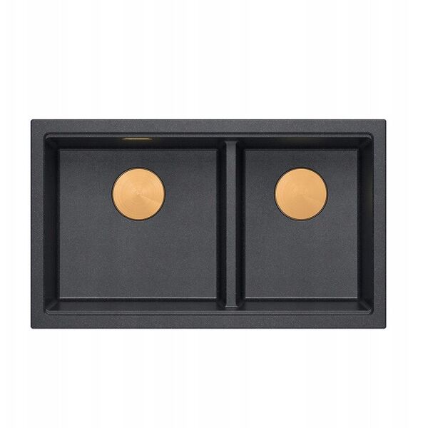 QUADRON | LOGAN 120 | γρανιτένιος νεροχύτης κουζίνας BLACK DIAMOND + MIEDŹ PVD | διάσταση: 76 x 45 x 23,5 cm | 2-θέσιος εντοιχισμένος | ελάχιστο πλάτος ντουλαπιού: 80 cm