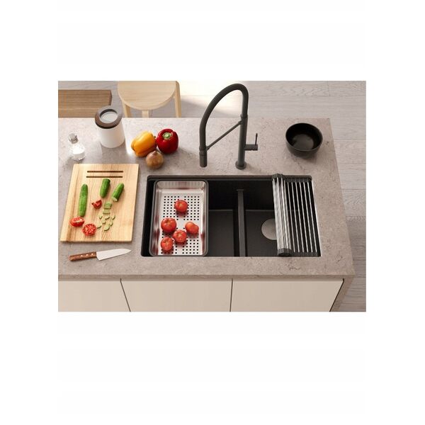 QUADRON | LOGAN 120 | γρανιτένιος νεροχύτης κουζίνας BLACK DIAMOND + MIEDŹ PVD | διάσταση: 76 x 45 x 23,5 cm | 2-θέσιος εντοιχισμένος | ελάχιστο πλάτος ντουλαπιού: 80 cm