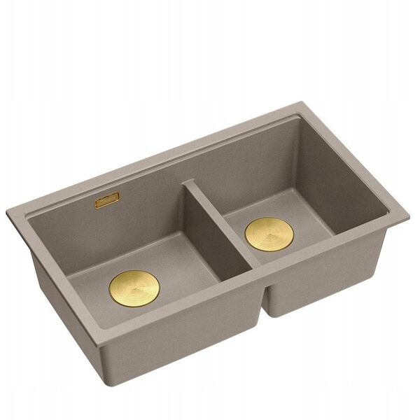 QUADRON | LOGAN 120 | γρανιτένιος νεροχύτης κουζίνας SOFT TAUPE + ΧΡΥΣΟ PVD | διάσταση: 76 x 45 x 23,5 cm | 2-θέσιος εντοιχισμένος | ελάχιστο πλάτος ντουλαπιού: 80 cm