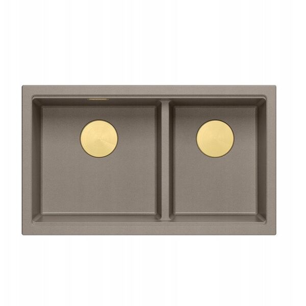QUADRON | LOGAN 120 | γρανιτένιος νεροχύτης κουζίνας SOFT TAUPE + ΧΡΥΣΟ PVD | διάσταση: 76 x 45 x 23,5 cm | 2-θέσιος εντοιχισμένος | ελάχιστο πλάτος ντουλαπιού: 80 cm